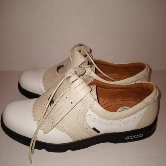 Ecco Gore-Tex Front Flap Leather Golf Shoes Wiomen's Size 7.5 Beige White - Picture 3 of 7